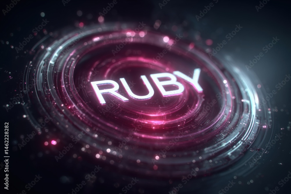 A vibrant ruby-themed design features a glowing ruby text at the center amid a circular pattern filled with sparkling accents, set against a dark background to enhance its brilliance.