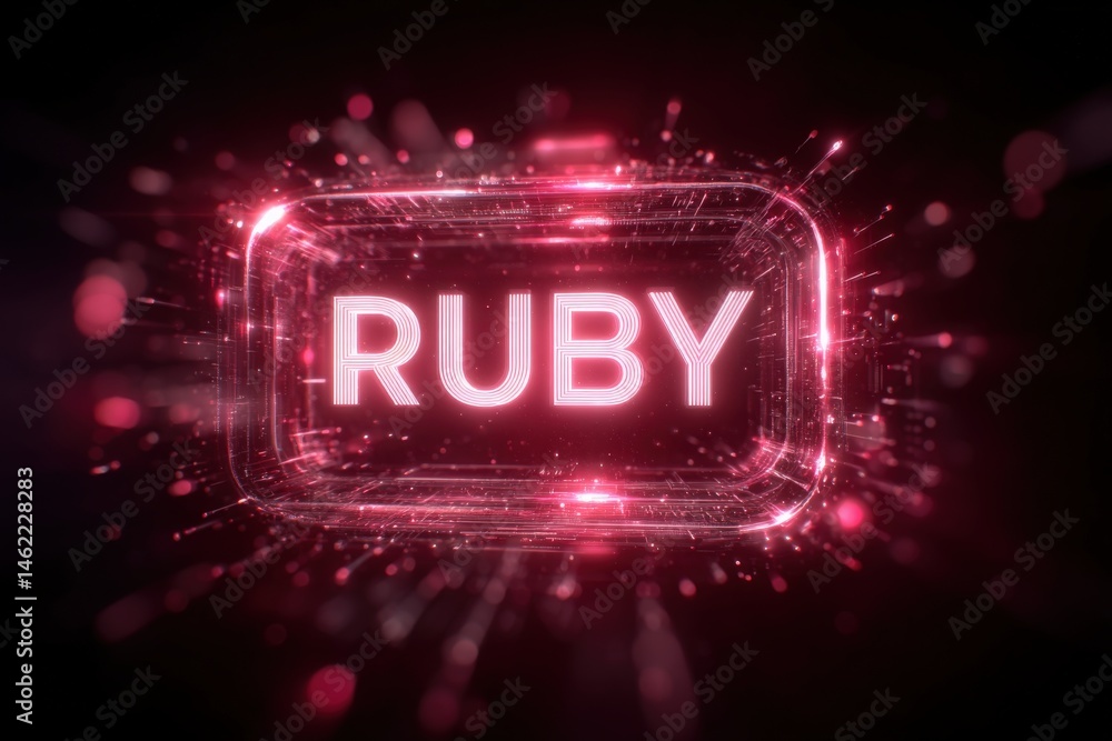 A radiant ruby text stands out against a dark background, illuminated by bright pink and red glowing particles.