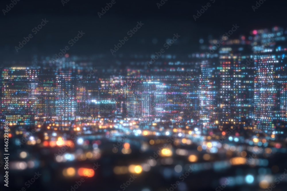 Bright city skyline is seen at night, showcasing towering buildings adorned with colorful lights. The urban environment is vibrant and lively, creating a mesmerizing atmosphere.