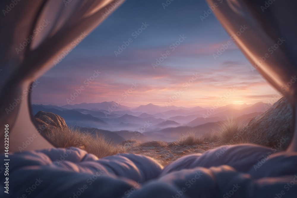 Blue and purple hues fill the sky as the sun rises over the mountain range. A cozy tent frames the view, creating an inviting atmosphere in the natural landscape.