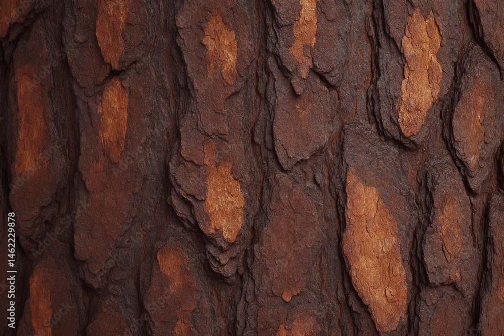 The surface of a tree trunk showcases a rich, textured bark featuring deep brown shades and lighter orange patches. The intricate patterns highlight the beauty of natures design.