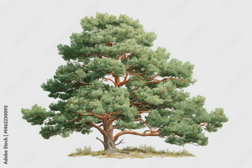 A tall pine tree stands majestically with its vibrant green branches sprawling outwards. The bark of the tree shows rich, textured brown hues, creating a serene natural scene.
