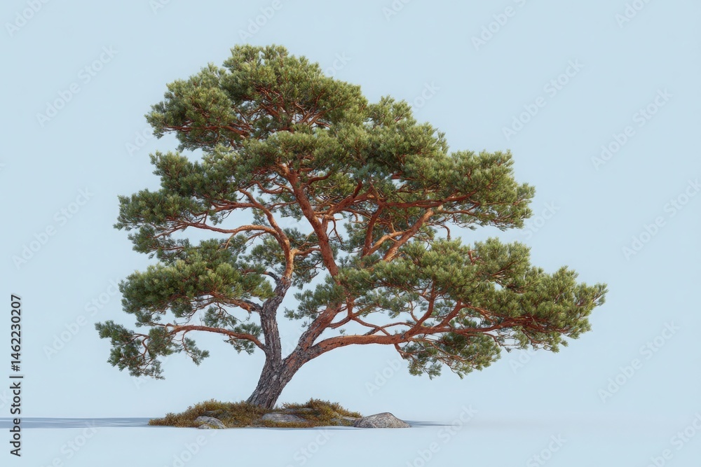 A tall, healthy pine tree with lush green needles spreads its branches gracefully. It stands on a rocky surface, surrounded by sparse grass and moss, under a clear blue sky.