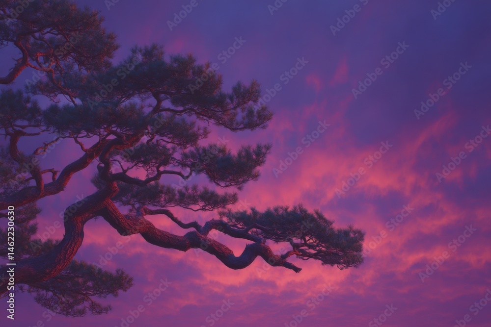 A striking silhouette of a large tree with twisted branches stands against a breathtaking sunset sky.
