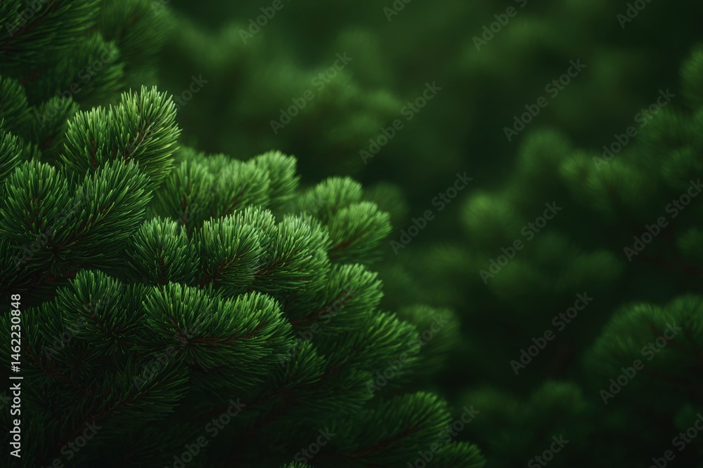 Dense clusters of vibrant green pine needles fill the frame, showcasing intricate textures and natural beauty. This close-up captures the freshness and life of the forest environment.