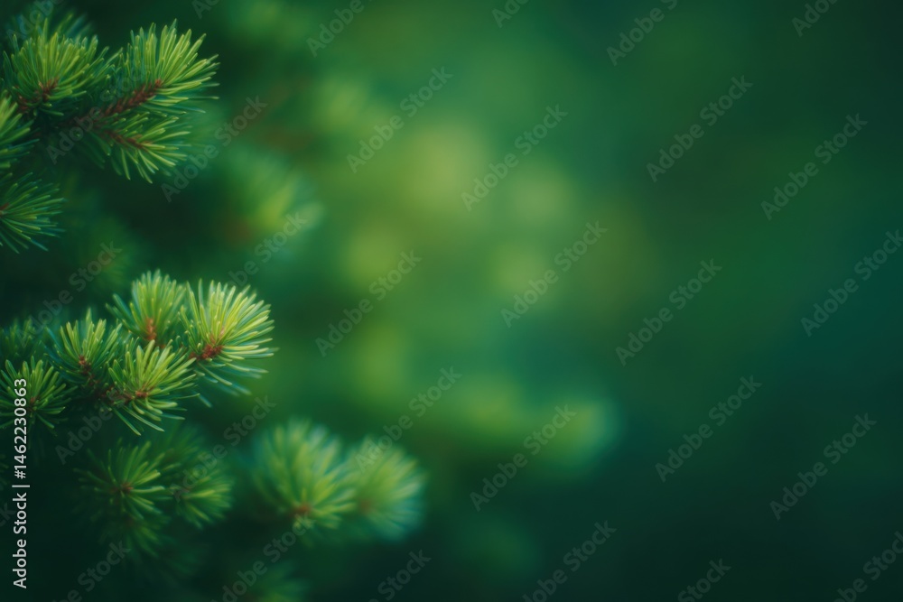 Lush green needles from an evergreen plant create a serene atmosphere. Soft-focus background highlights the vibrant colors, showcasing natures beauty in a peaceful environment.