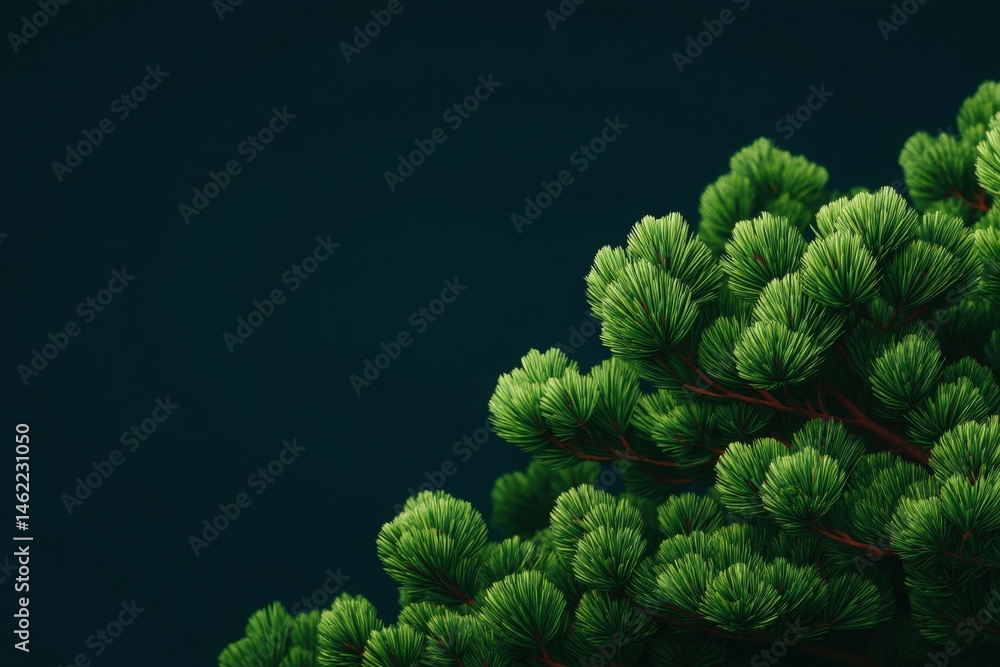Vibrant green pine needles spread out against a deep dark background, showcasing the intricate details of nature and evoking a sense of tranquility and natural elegance.