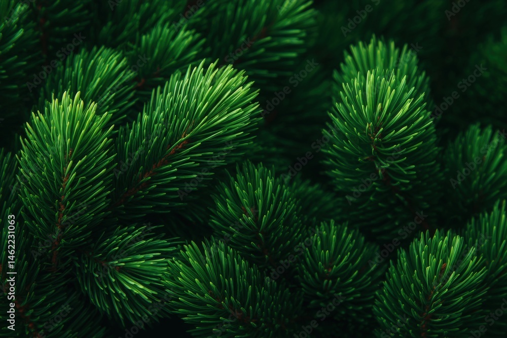 Close-up view of fresh green pine branches showcasing a variety of textures and shades. The rich greenery evokes a sense of tranquility, typical of a forest environment.
