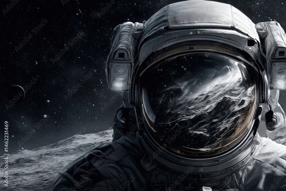 An astronaut stands on a lunar landscape, looking out into the cosmos. The visor of the helmet reflects a distant planet. Stars sparkle in the background, creating a captivating view of space.
