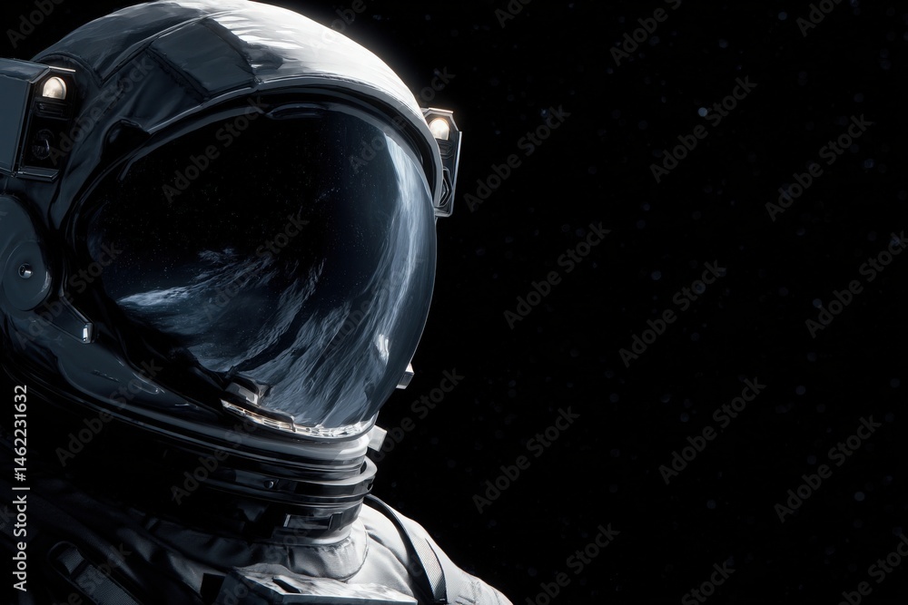An astronaut wearing a sleek space suit floats in the darkness of outer space, gazing toward the distant Earth. The vastness surrounds them, showcasing the beauty and mystery of the cosmos.