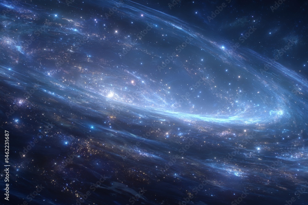 A magnificent spiral galaxy twirls in the vast expanse of deep space, filled with countless twinkling stars and cosmic dust.