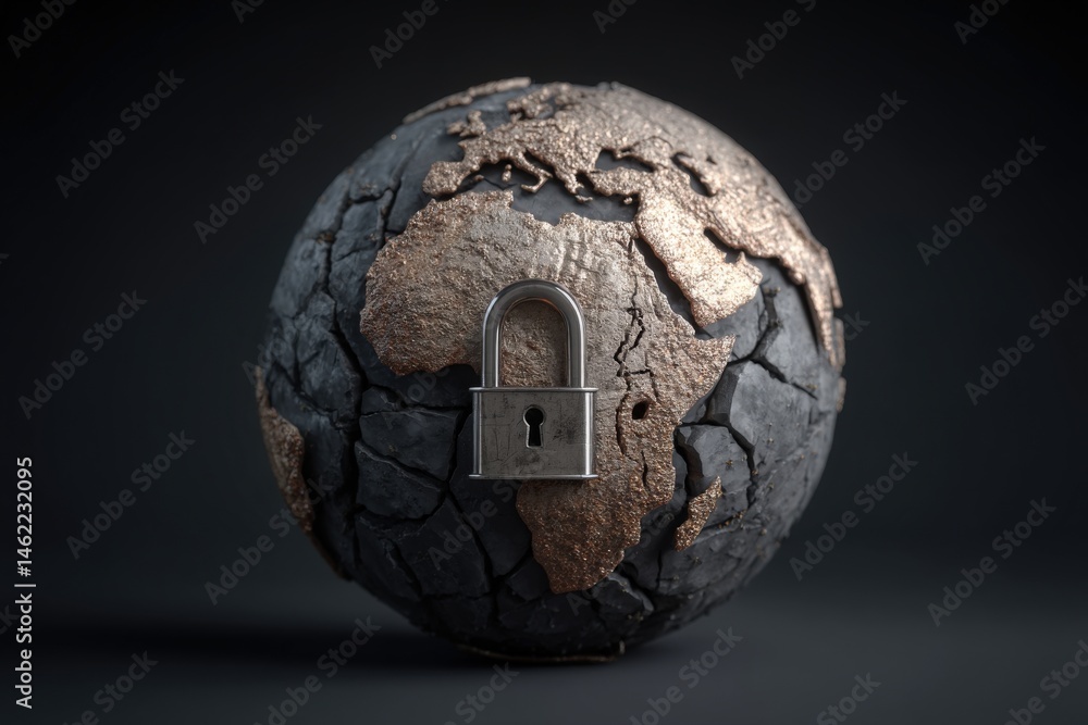 A cracked globe depicting Africa is secured with a metallic padlock, symbolizing global security issues and protection of resources. The dark background enhances the focus on the globe.