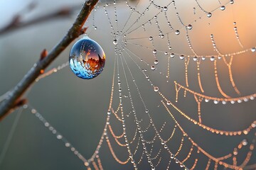 Spiderweb net glistening with morning dew drops in a macro closeup of nature's intricate design
