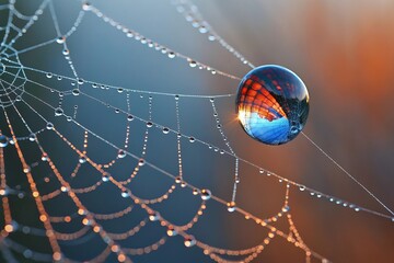 Spiderweb net glistening with morning dew drops in a macro closeup of nature's intricate design