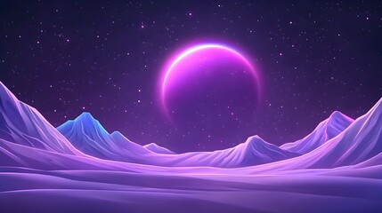 Wall Mural - Neon-lit landscape with a vibrant purple planet and glowing mountains under a starry night sky