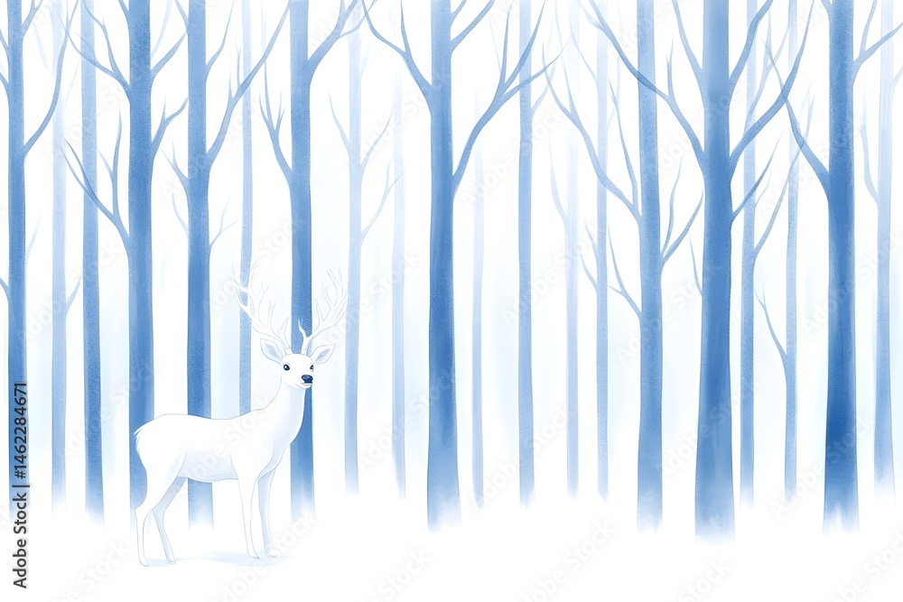 A lone, white deer stands in a serene, snow-covered forest of slender, bare trees under a hazy sky
