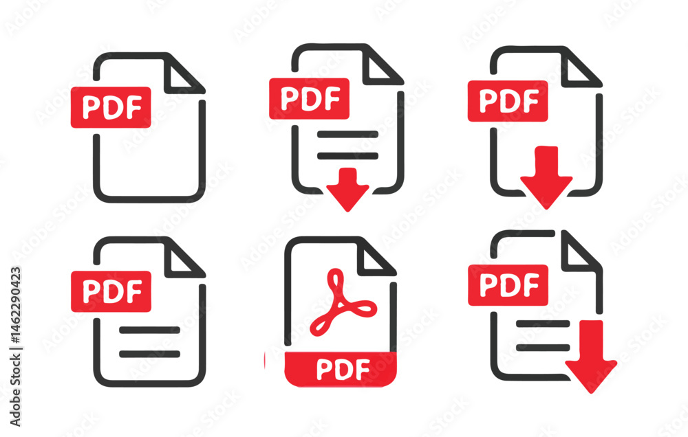 PDF file format icons set. PDF file download symbols.Format for texts ...