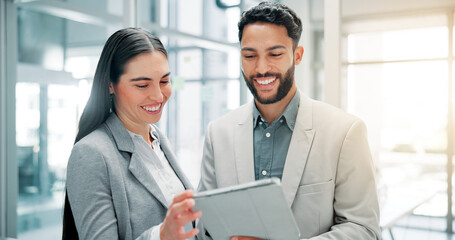 Aufkleber - Business people, smile and teamwork in office, tablet or corporate professional with app for trading. Stock exchange, employees or investor with cooperation, tech or internet with email or connection