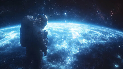 Wall Mural - A solitary astronaut stands near earth in space.
