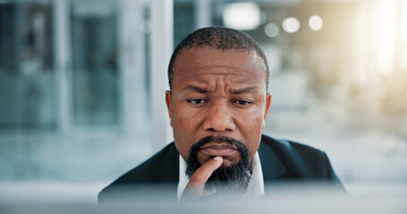 Poster - Thinking, computer and black man in office with research, online ideas and brainstorming for risk management. Professional, finance and mature businessman with entrepreneur problem solving on website