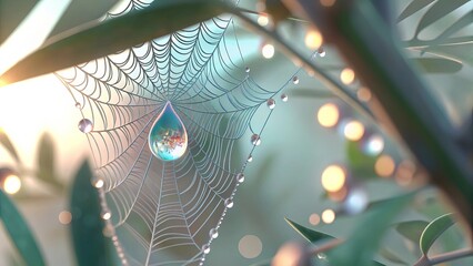 Spiderweb with water droplets reflecting a flower garden in a blurred background