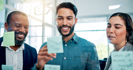 Aufkleber - Collaboration, ideas and happy business people at glass with teamwork, sticky note or brainstorming in office. Strategy, problem solving or planning at moodboard for growth, development or discussion