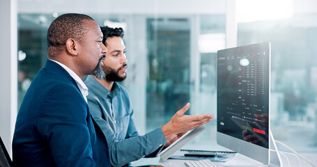 Leinwandbilder - Pointing, employee and discussion with manager, computer screen and feedback for data analysis and info. Business, trader and showing results on trading dashboard, men or mentor with advice for stats