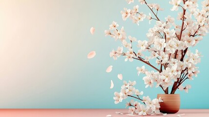 Elegant cherry blossom branch in a pot.