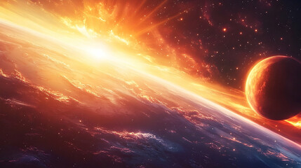Wall Mural - Fiery celestial event with a planet in space.