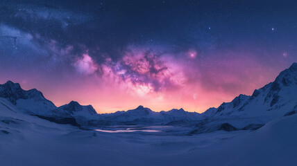 Wall Mural - vivid milky way galaxy glowing above snowy peaks in a starry bowl of night between dark hills