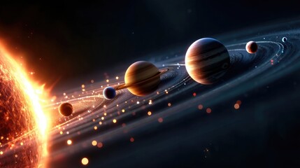 Wall Mural - Celestial bodies in orbit around a fiery star.