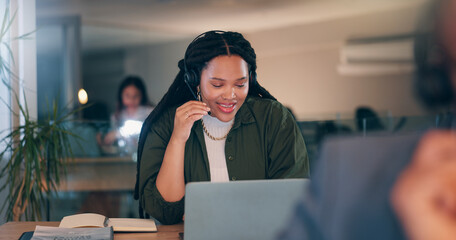 Poster - Woman, headset and talking at call center, night and discussion for lead generation with laptop. Person, virtual consultation and computer with voip, mic and contact us with job at startup company