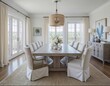 © AI ARLI - Bright Coastal Style Dining Room with Rustic Wood Table and Elegant Decor