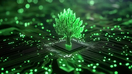 Wall Mural - techno-organic tree rises from central node of electric circuit board, branches expand across digita