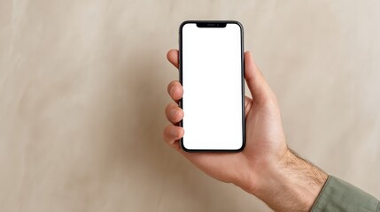 Aufkleber - A clean layout presents a blank white smartphone screen held by a hand, set against a neutral background for potential digital content or advertisement