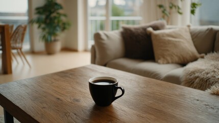 Poster - A cup of black coffee sits on a rustic table near a plush sofa and indoor plant in a warm, inviting living space filled with neutral tones