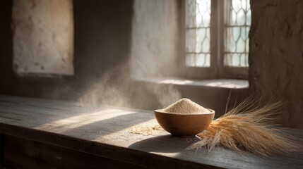 Aufkleber - A steaming bowl of grains sits on a rustic wooden table, bathed in warm sunlight filtering through a window, creating a serene atmosphere