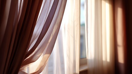 Poster - Sunlight streams through white curtains fluttering inward by an open window, casting gentle shadows on a warm, inviting room filled with calmness and light