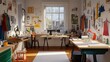 © ahmad - Sunny artist's studio, sewing machine, fabric samples, design inspiration