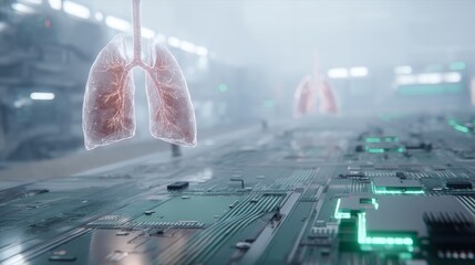 Leinwandbilder - Glowing holographic lungs hover in mid-air above a digital motherboard, illuminating complex circuitry and highlighting the intersection of biology and technology