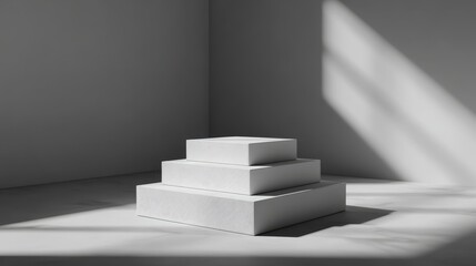 Leinwandbilder - This composition features a sleek white podium with tiered shelves, isolated in a minimalist space, providing a stylish backdrop for retail display and product placement