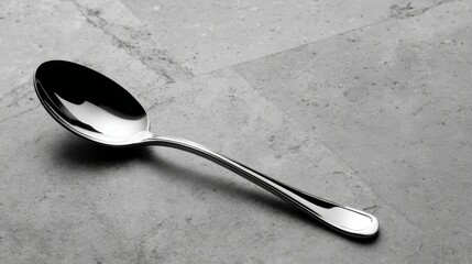 Poster - Highly polished silver spoon is arranged diagonally on a grey stone-like surface, capturing reflective highlights that emphasize its curves and design