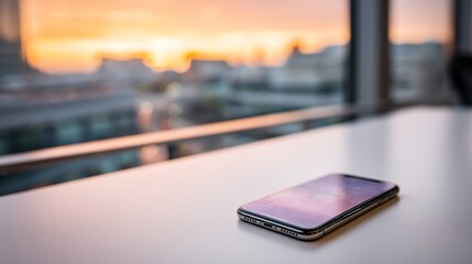 Aufkleber - Close-up of a smartphone resting on a glossy white desk, reflecting soft sunset orange and purple tones, creating an inviting atmosphere in a serene setting