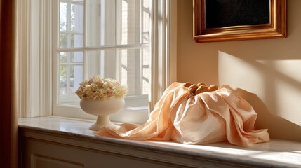 Poster - Close-up view of an overfilled kraft paper pouch resting on a windowsill, bathed in soft light and accompanied by elegant décor, creating a cozy atmosphere