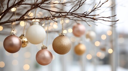 Aufkleber - Soft-focused detail of tree branches adorned with colorful baubles and string lights, creating a festive atmosphere perfect for holiday celebrations