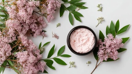 Poster - Black serving dish holds a pastel pink blend adorned with fresh berries and small leaves. The setup is enhanced by light spillover from above, creating an inviting scene