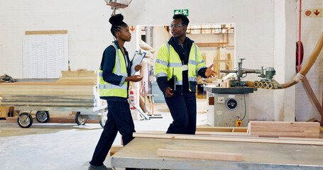 Poster - Man, woman and clipboard for wood at warehouse with planning, team and inspection at plant. African people, checklist and discussion for project, manufacturing or collaboration at industrial factory