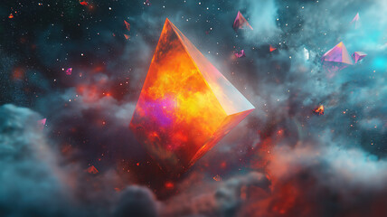 Wall Mural - Abstract geometric shape drifting amidst cosmic debris with a veil of celestial dust in space