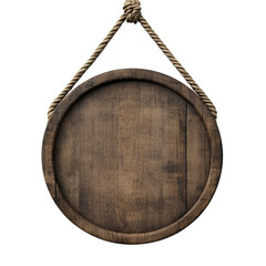Poster - Rustic wooden circular signboard dangling from a knotted rope on a transparent scene, offering a vintage display