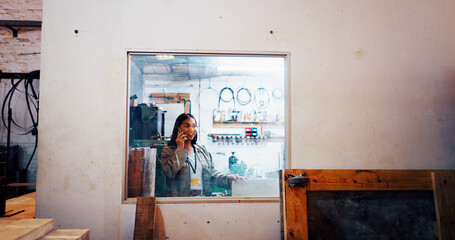 Aufkleber - Phone call, carpenter and woman with smile, talking or consultation for furniture prices or order. Glass, woodworker and communication with contact for service, happy or negotiation for fee with tech